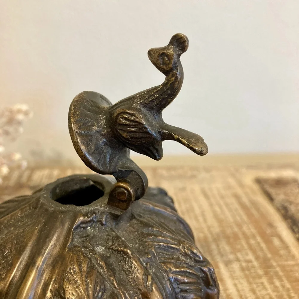 Vintage Ornate Footed Metal Inkwell with Rooster Lid